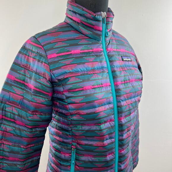 PATAGONIA Blue Pink Green Long Sleeve Zip Front Down Sweater Puffer Jacket XS - Picture 3 of 8